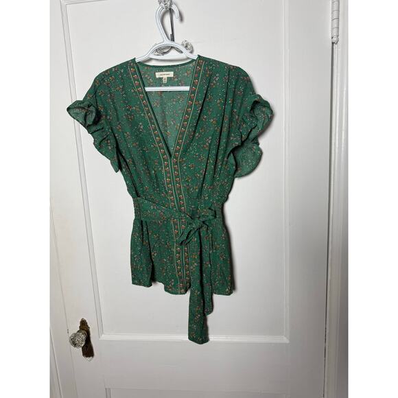 Max Studio Green Floral Ruffle Faux Wrap Short Sleeve Boho Top Blouse Medium - Picture 1 of 9